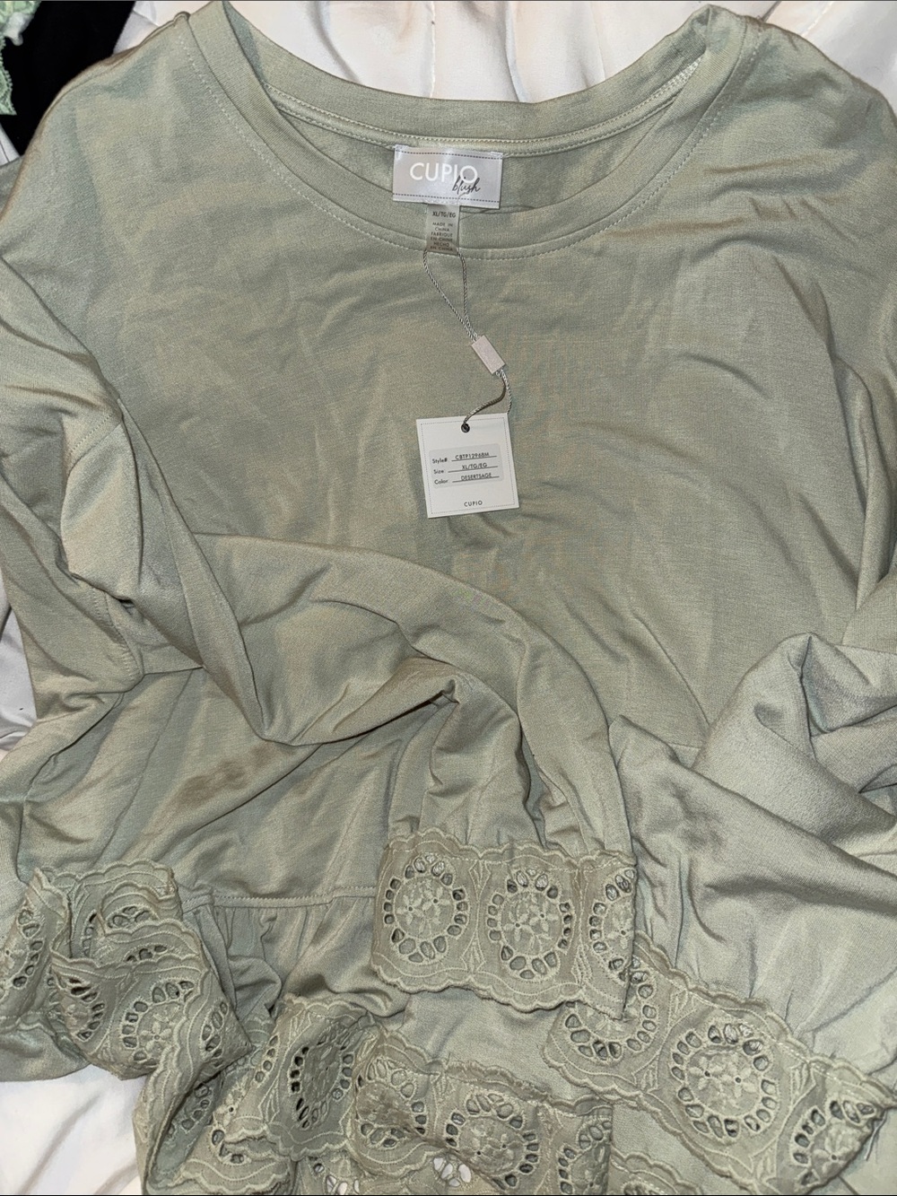 Cupio Sage Green Long Sleeve Peplum Top with Lace Hem